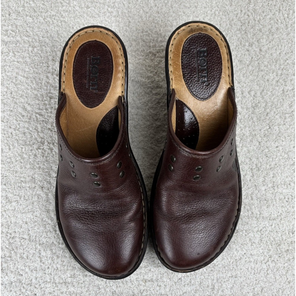 Born Shoes Womens 9 Brown Naomi T Moro Leather Mule Clog Slip On Wedge Studded - Picture 4 of 15